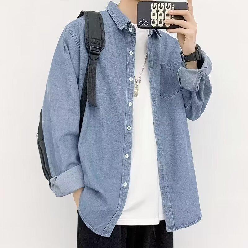 牛仔夹克原宿风潮流青少年男士工装衬衣春秋新款宽松港风休闲外套