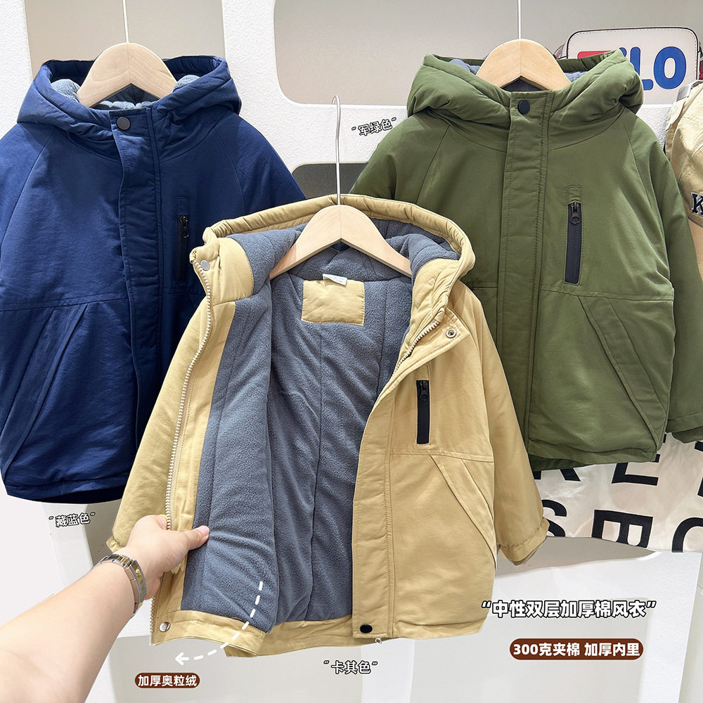 男童棉衣 欧美风加绒加厚棉袄连帽儿童棉服2026冬季新款童装袄子