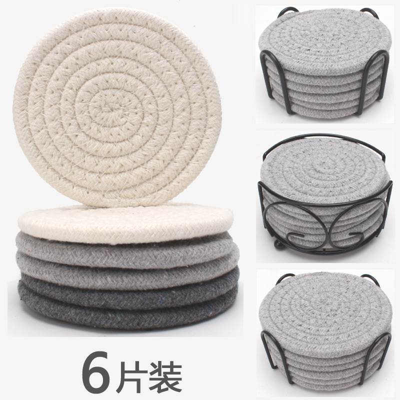 新款 隔热垫家用茶杯垫子碗垫11CM6片套装棉绳编织杯垫床裙纯色