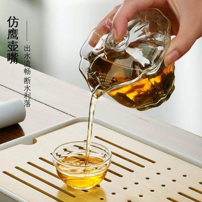 玻璃茶具百财莲花盖碗泡茶碗耐热防烫手抓壶带过滤孔功夫茶具茶杯
