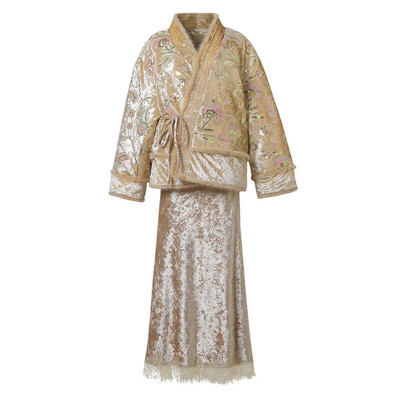 珠片刺绣毛条羽丝绒棉服