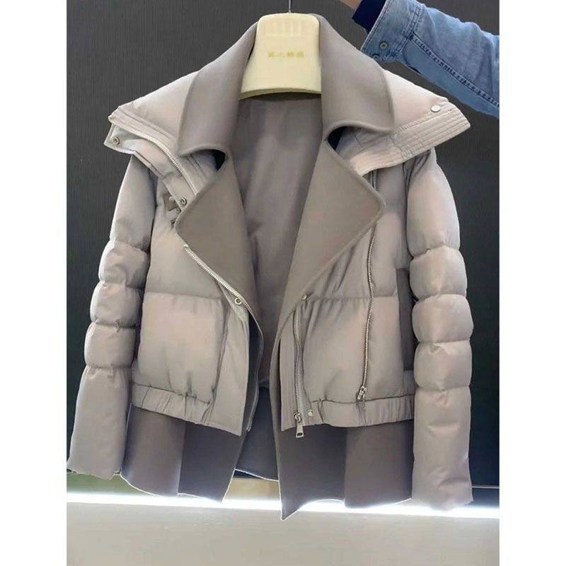 韩系毛呢拼接灰色西装短款羽绒棉服女2024冬新款高级感炸街厚外套