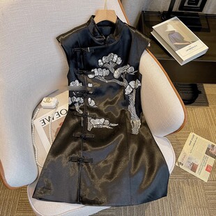 新中式国风改良旗袍无袖连衣裙女夏季醋酸气质轻奢高级感黑色裙子