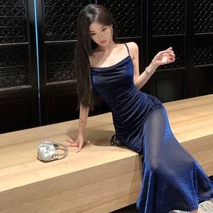 夏新款名媛气质闪闪荡领收腰显瘦中长款礼服年会宴会连衣裙