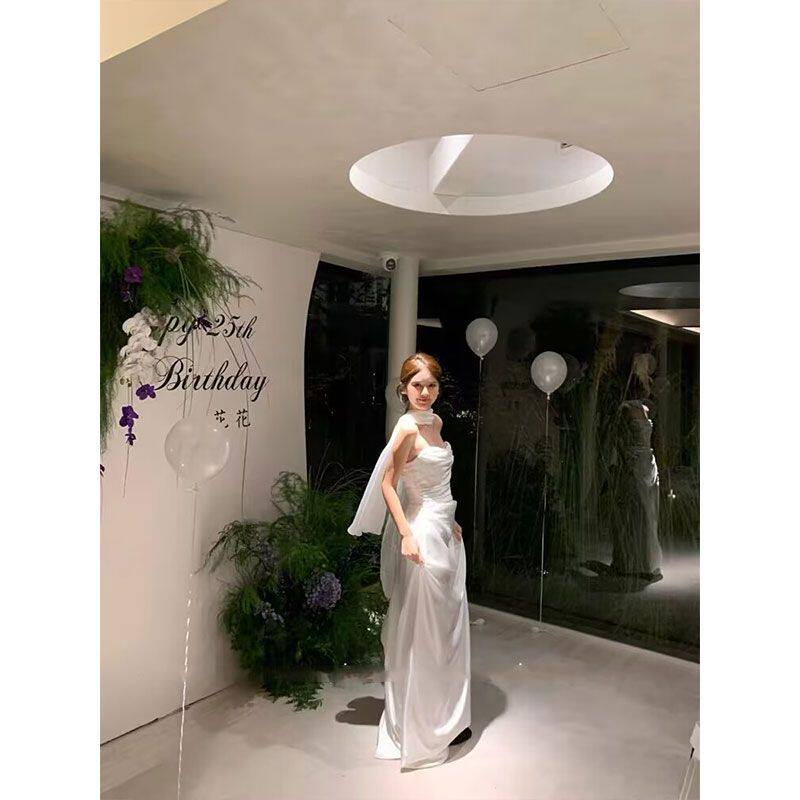 抹胸连衣裙女成人礼礼服裙高端轻奢小众两穿白色缎面生日裙子长裙