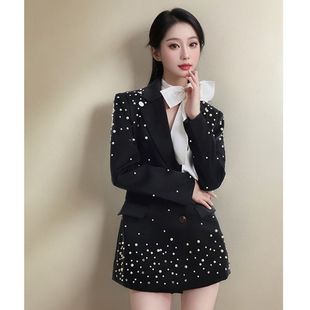 裙女高级感气质轻奢优雅简约大气显瘦西服 黑色小香风重工钉珠西装