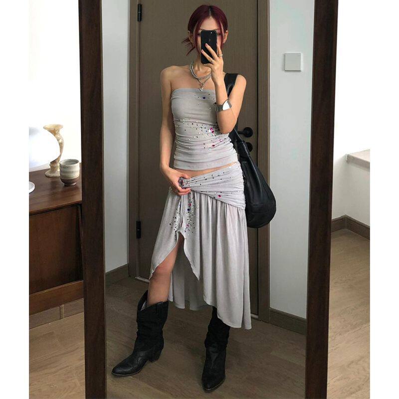 欧美辣妹风套装灰色烫钻抹胸绑带不规则半身裙两件套