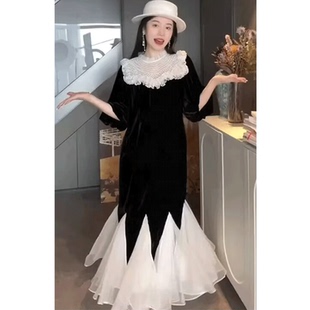 法式高端精致长裙奢华大牌气质赫本风黑色丝绒连衣裙秋冬长袖新款