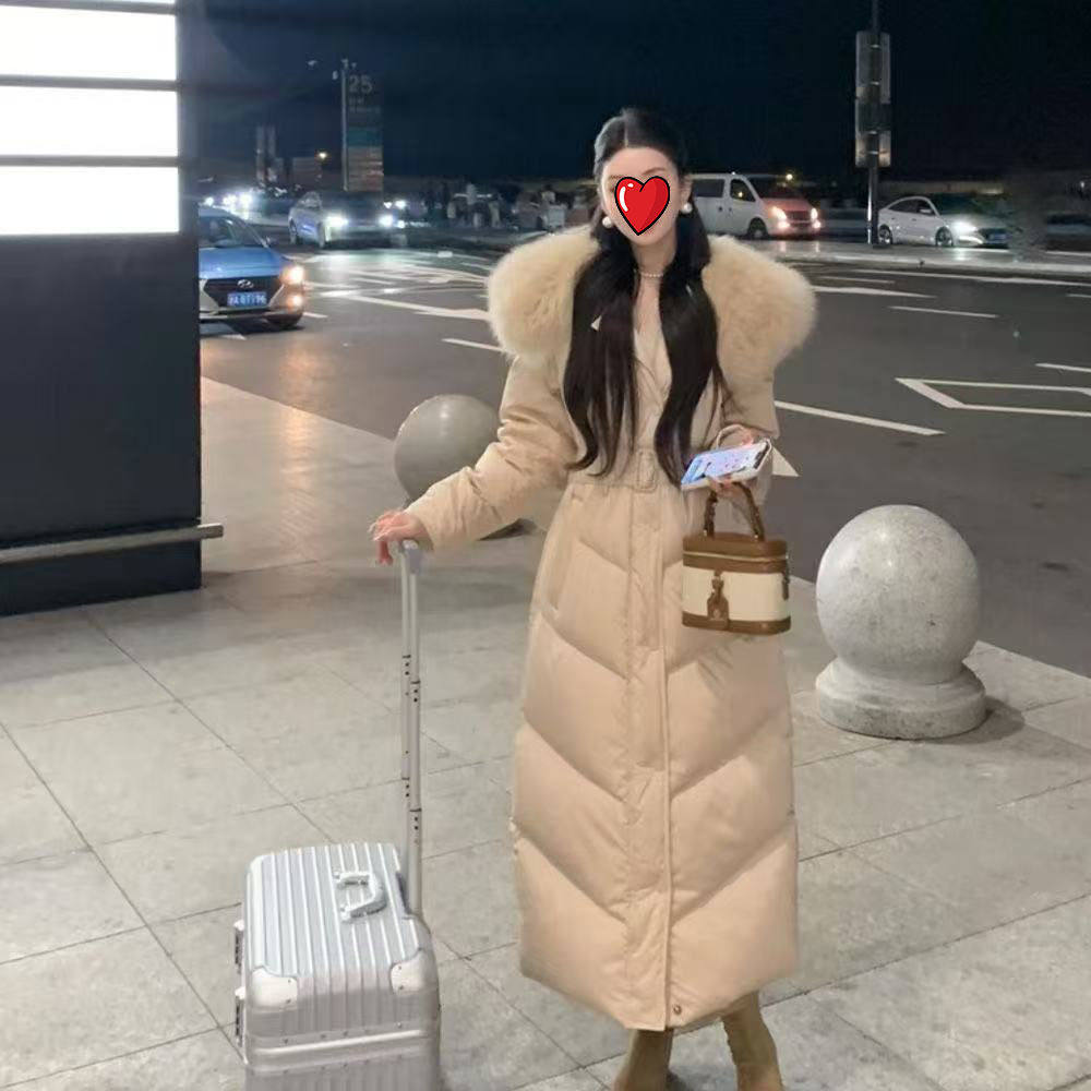 羽绒棉服中长款2024冬季新款收腰宽松仿狐狸毛领韩版系带外套女