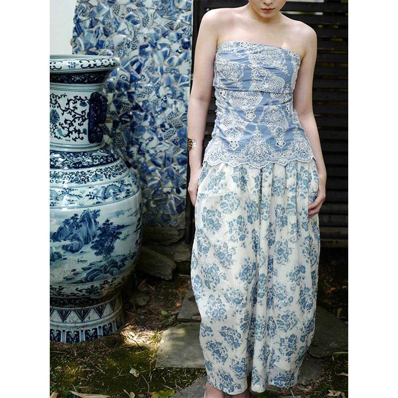 青花刺绣抹胸上衣花苞半身裙新中式长裙套装夏季淑女时尚