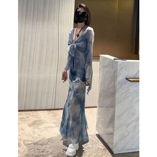 夏季法式轻奢高级感气质温柔风雪纺碎花拼接牛仔连衣裙两件套装女