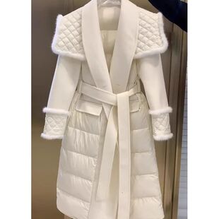 冬季欧货新小香风设计感白色长款加厚保暖收腰女士羽丝绒棉服外套