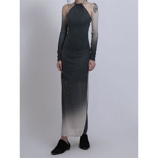 新中式 渐变小众设计秋季暗黑中长款挂脖露肩长袖连衣裙女