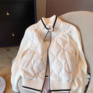 2024时尚 白色立领针织拼接菱格棉服外套女秋冬季 宽松保暖夹棉棉衣