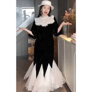 法式高端精致长裙奢华大牌气质赫本风黑色丝绒连衣裙秋冬长袖新款