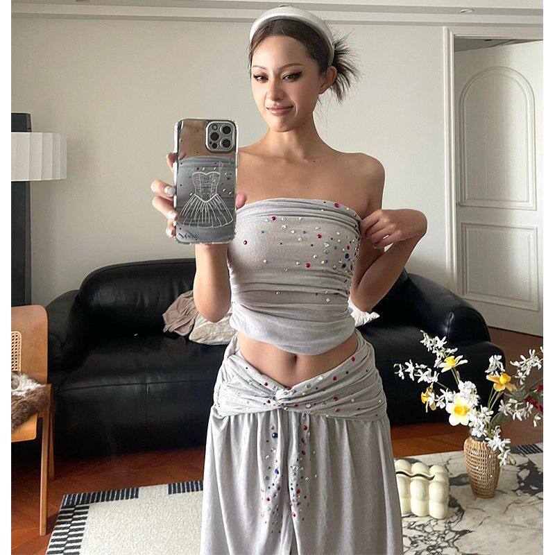 欧美辣妹风灰色烫钻抹胸上衣绑带不规则半身裙套装女夏新款两件套