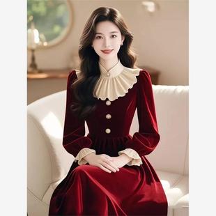 今年流行爆款富家千金感穿搭法式红色丝绒打底内搭连衣裙子女冬季