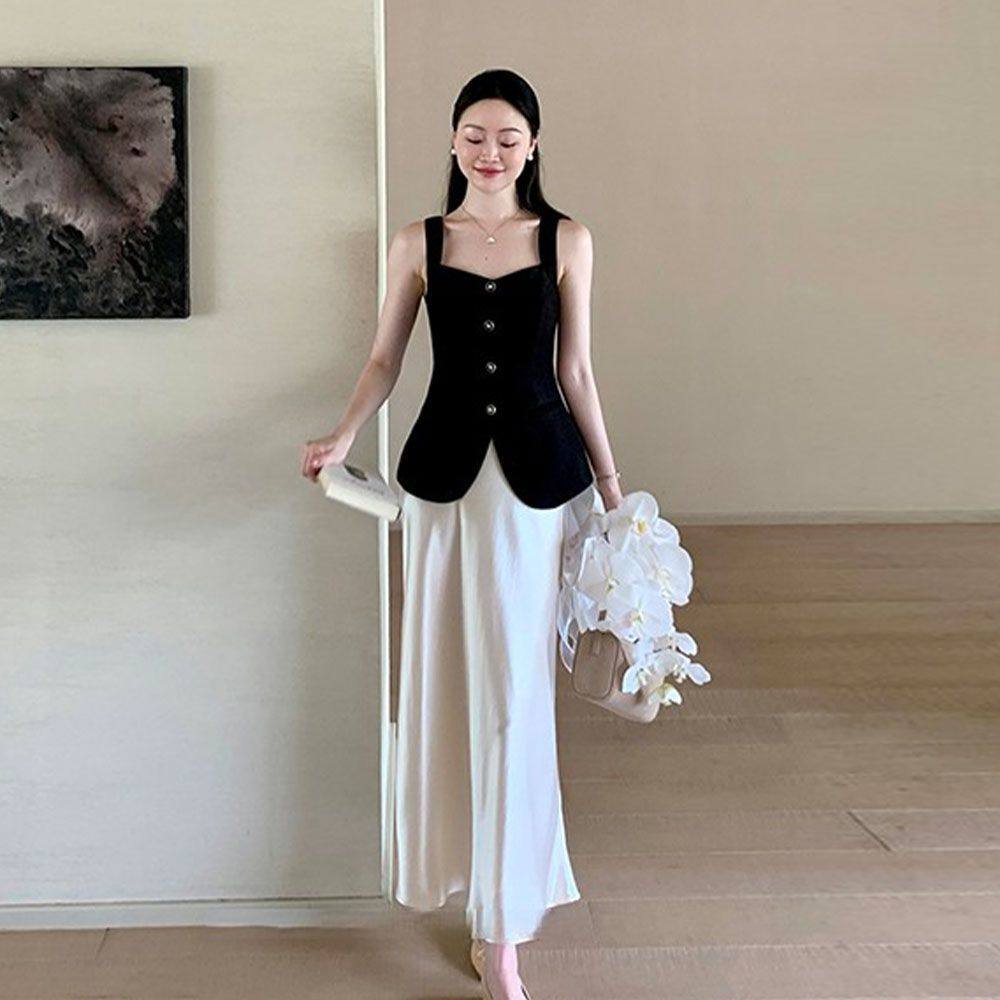 黑色V领西装马甲裙子女高级感气质收腰通勤设计感套装