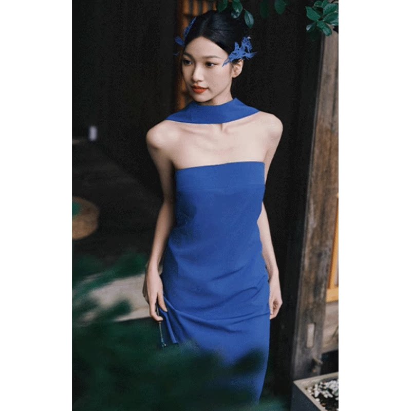 晨袍新娘女蓝色法式晚礼服女高级感气质简约抹胸婚礼晨拍订婚长裙