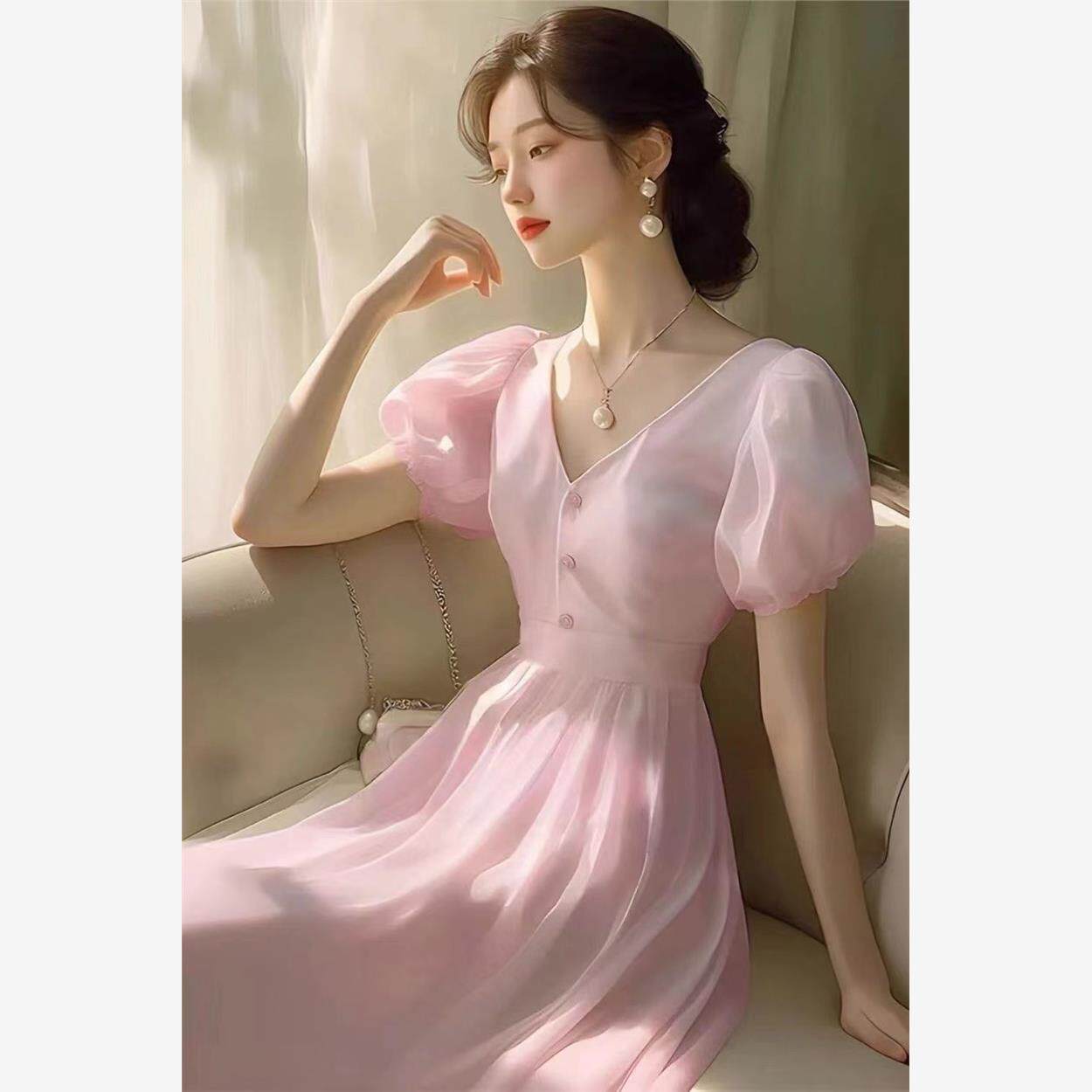 气质法式高端精致高级夏季收腰别致短袖绝美赫本风白色缎面连衣裙