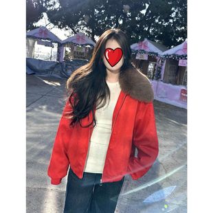 新款时尚红色大毛领羽绒棉服女冬季休闲夹克短款外套