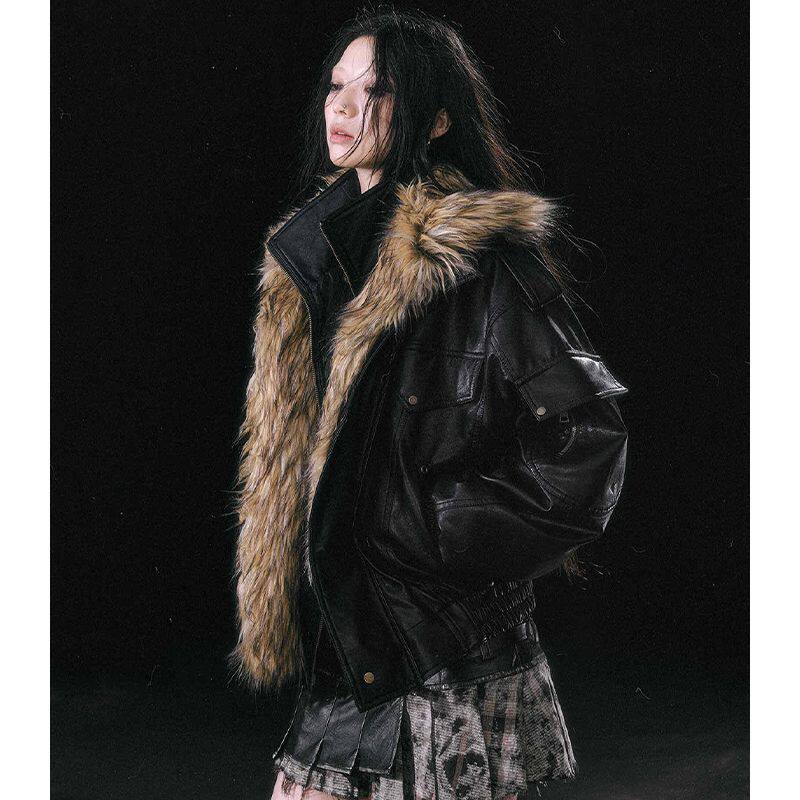 可拆卸毛领飞行夹棉皮夹克短外套女秋冬皮棉服