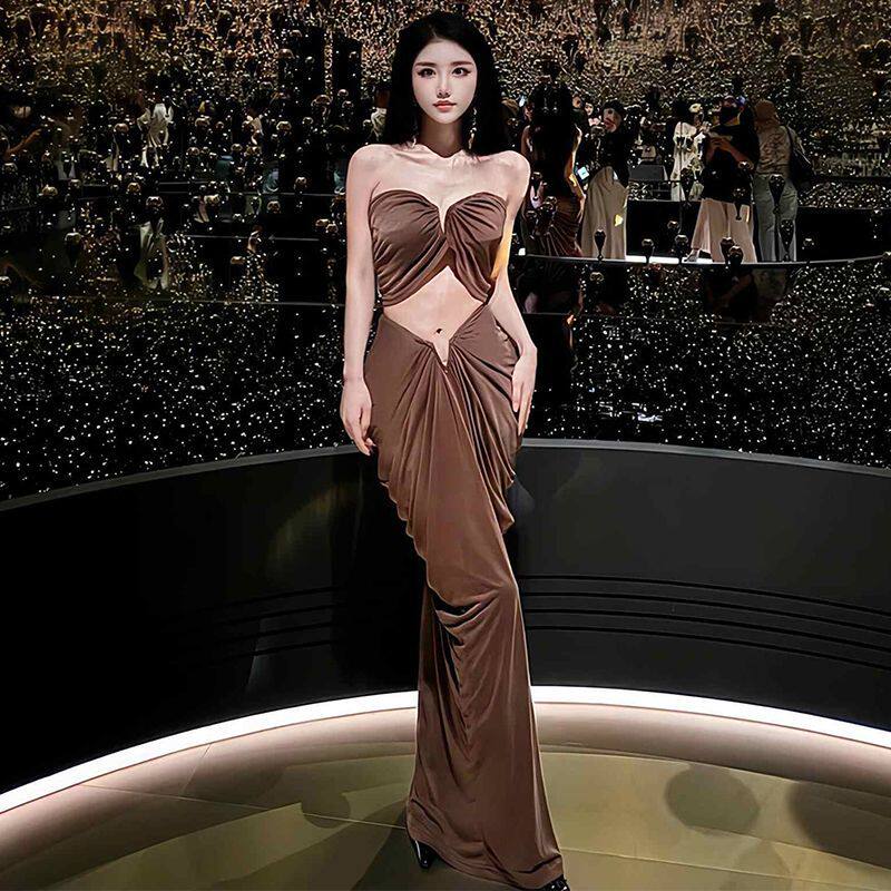 欧美风小心机套装比基尼褶皱抹胸背心看展生日拍照礼服半身裙