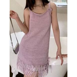 广州十三行女装爆款连衣裙淡紫色玫瑰花流苏吊带背心短裙子夏