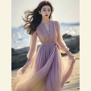 长裙女夏季 海边度假风紫色小众连衣裙高端精致刺绣拼接超仙气法式