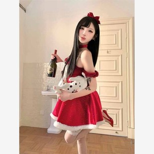 甜辣性感純欲紅色新年一字領(lǐng)連衣裙女秋冬新款 收腰顯瘦絲絨短裙子
