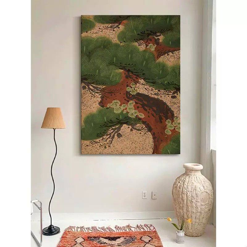 中古风迎客松客厅装饰画玄关绿植大树手绘油画侘寂新中式大幅挂画