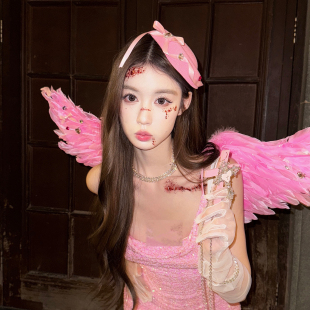 万圣节粉色亮片天使翅膀连衣裙女性感辣妹风派对妆造服装头饰配饰