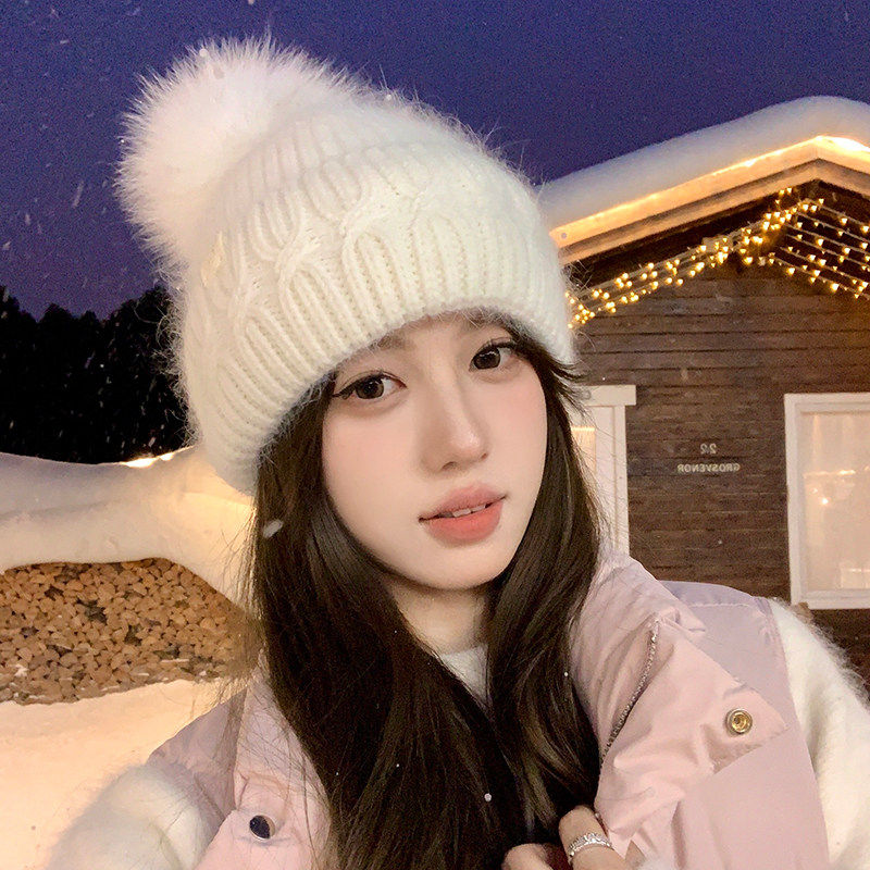 东北防寒拍照出片！白色纯羊毛狐狸毛球毛线帽子女冬保暖针织冷帽
