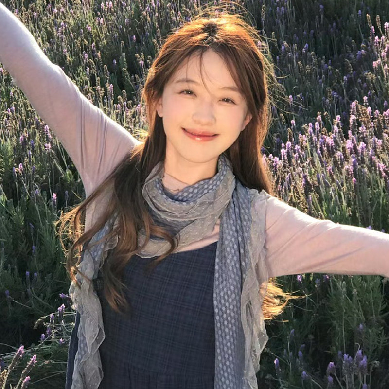 现货！藤井树同款古着灰蓝波点蕾丝花边围巾女外搭荷叶边时髦丝巾
