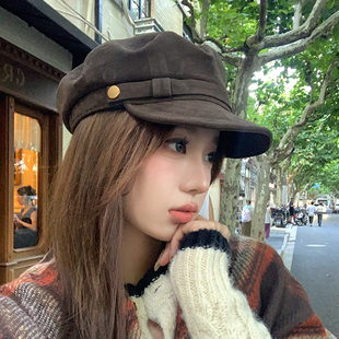 入秋氛围感美拉德~棕色麂皮平顶报童帽女秋冬复古英伦八角画家帽