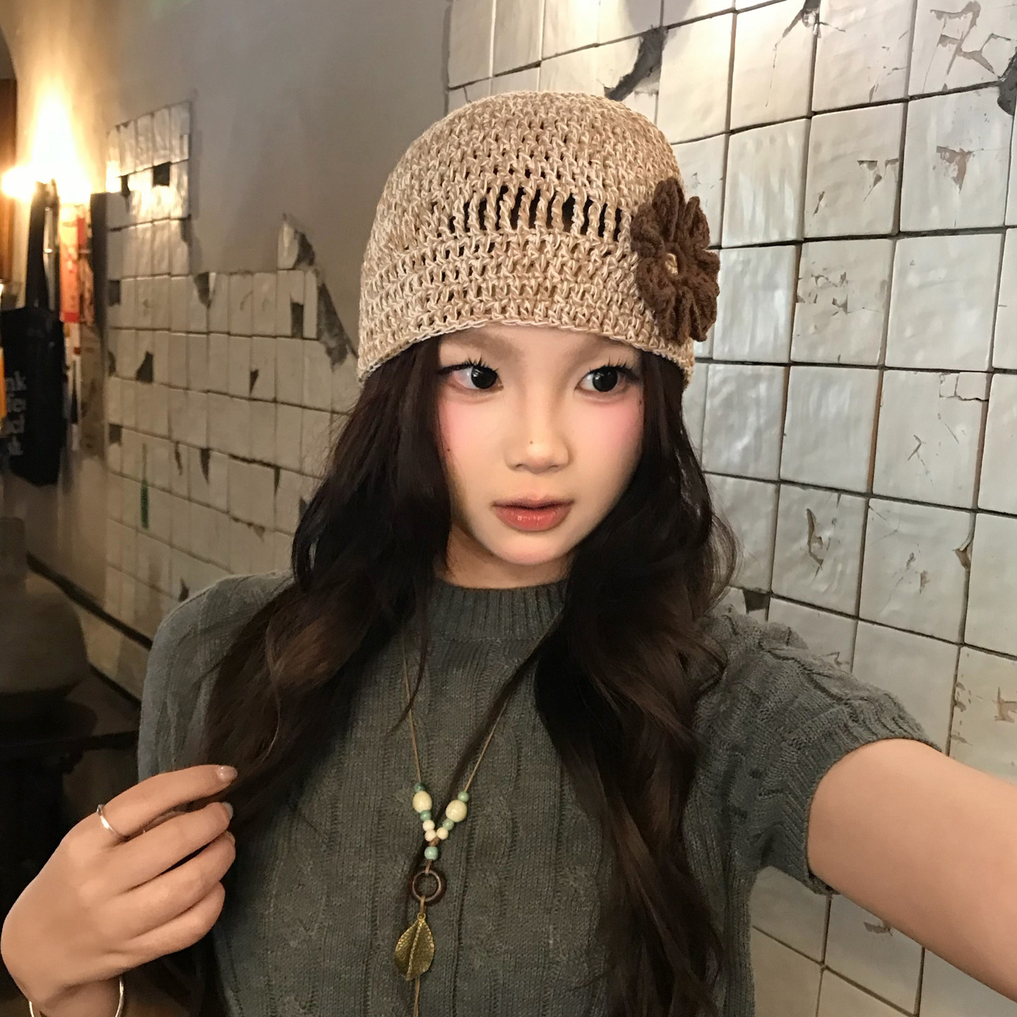 手工钩织立体花朵包头帽子女春夏季薄款透气套头帽显脸小百搭冷帽