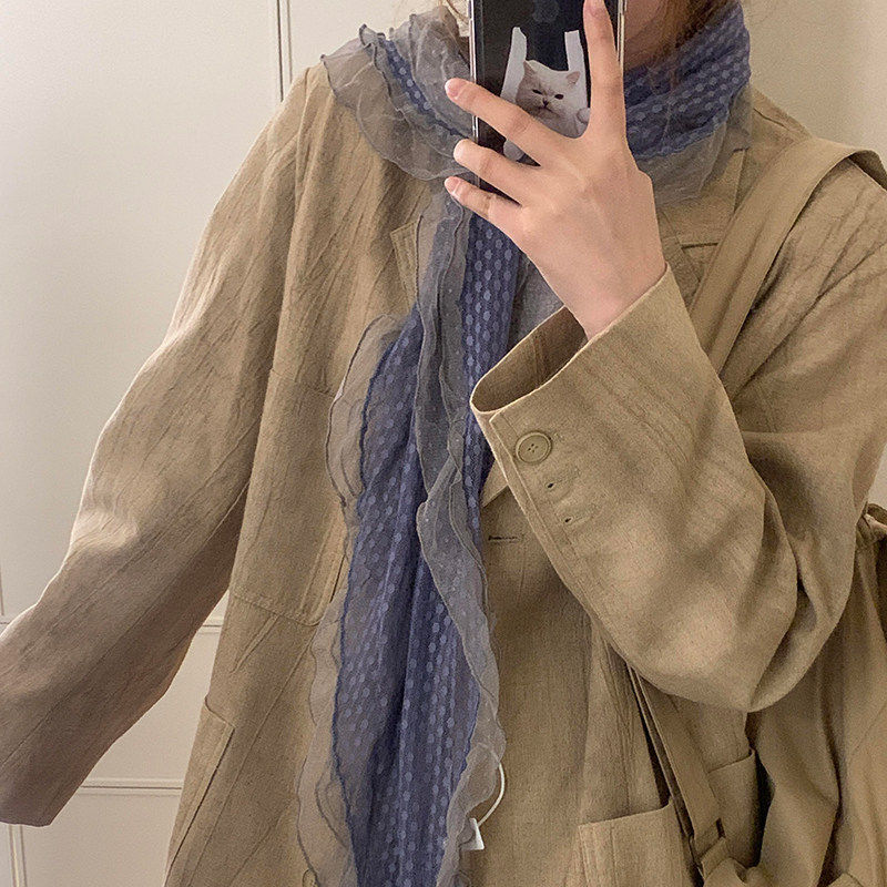 藤井树同款灰蓝色波点蕾丝边丝巾女木耳边长款围巾川西穿搭披肩图片