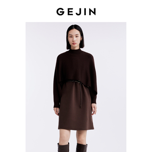 歌锦高级感黑色优雅长袖立领连衣裙女中长款2026年春季设计感裙子