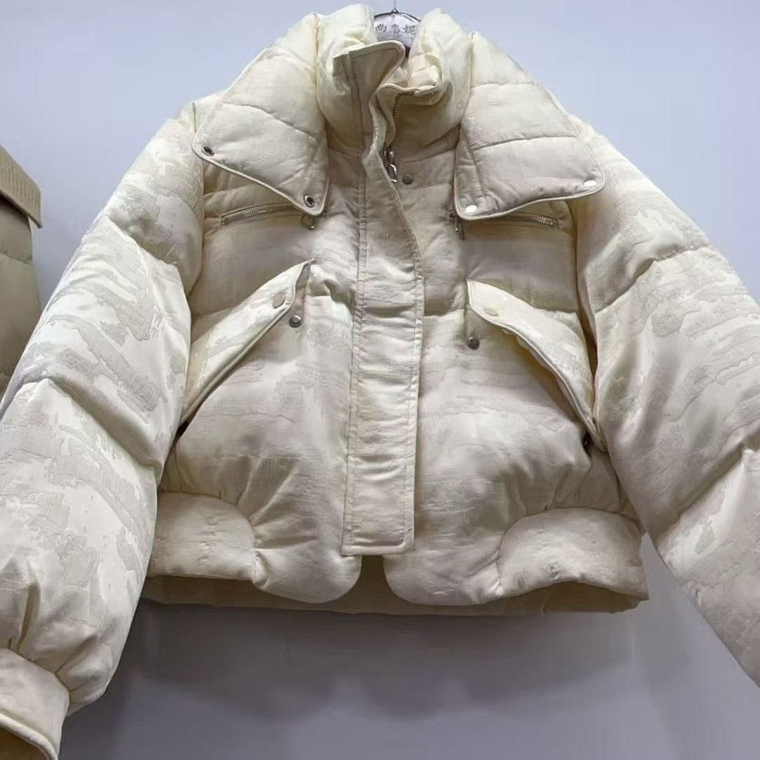 欧洲站2025冬季新款欧货时尚百搭宽松复古暗花纹短款羽绒服女