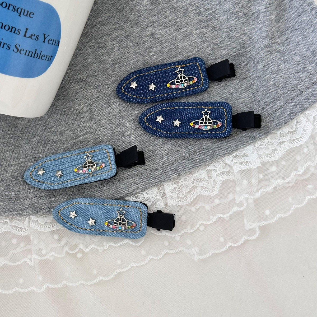 牛仔布艺星球星球发夹边夹侧边刘海夹卡通无痕鸭嘴夹女小夹子发饰