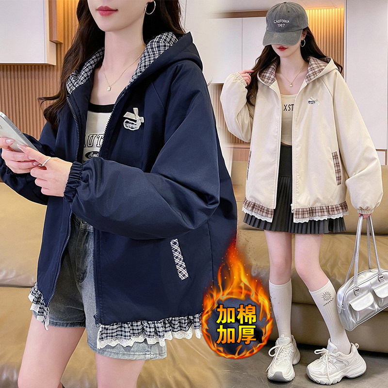 格纹拼接冲锋衣外套女春秋款宽松休闲初高中学生大码工装夹克风衣