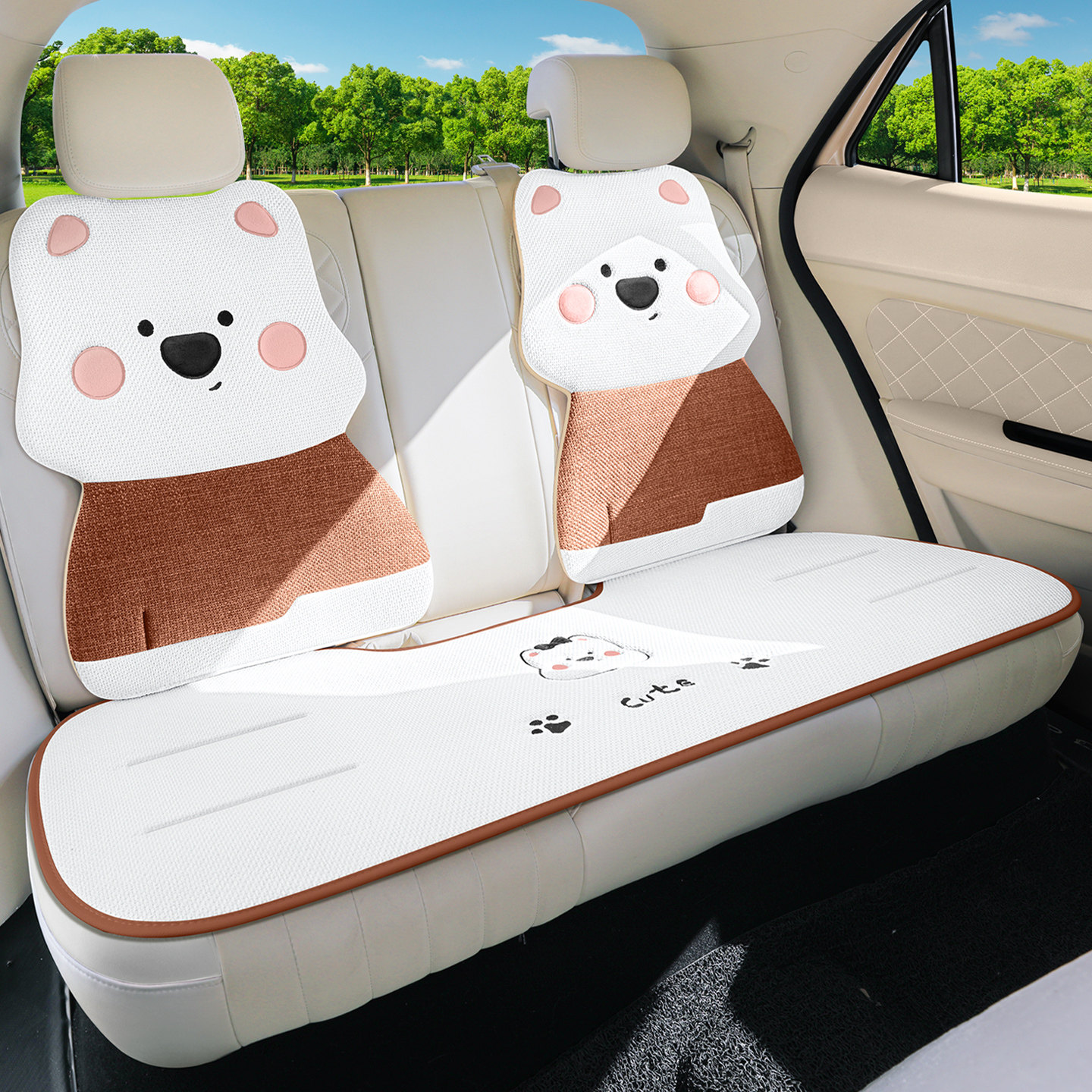 西高地汽车坐垫四季通用亚麻车垫座椅套半包座套女士车内座垫卡通