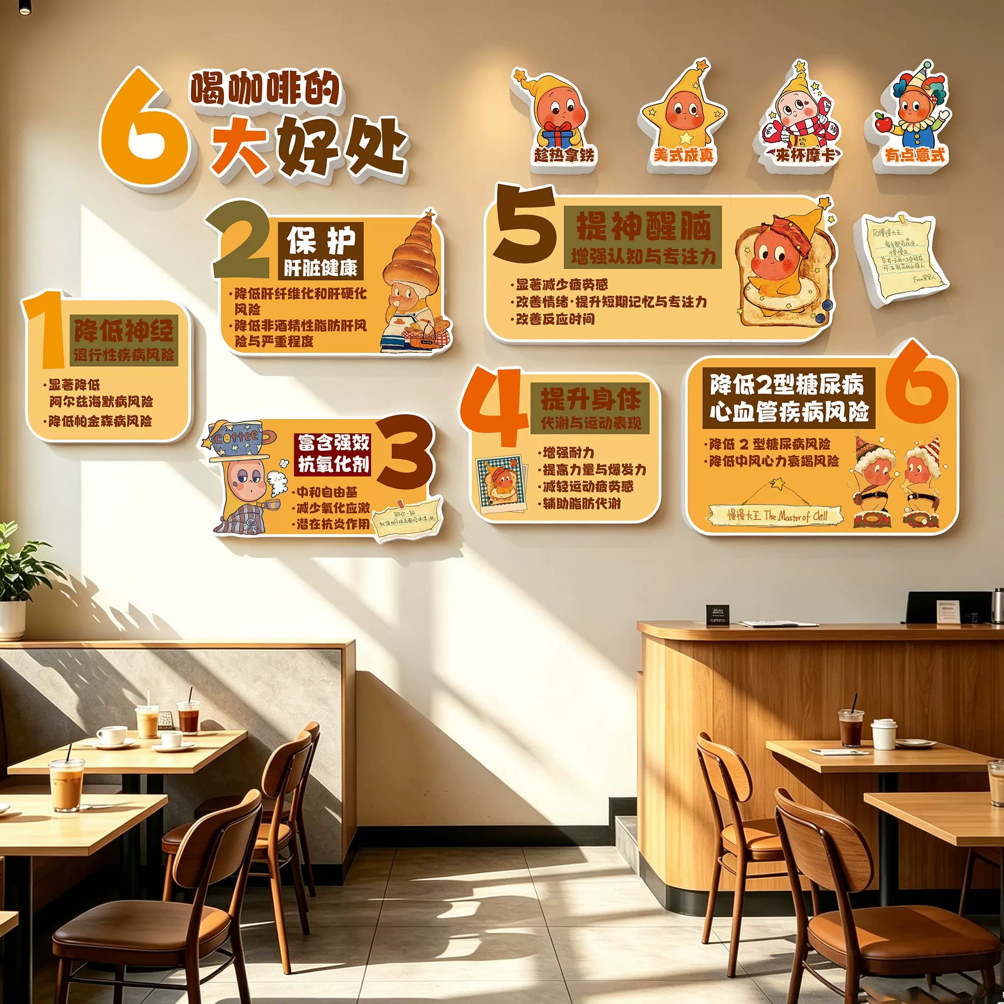 网红咖啡奶茶店星星人像打卡墙贴饮品店拍照背景墙面创意氛围形象