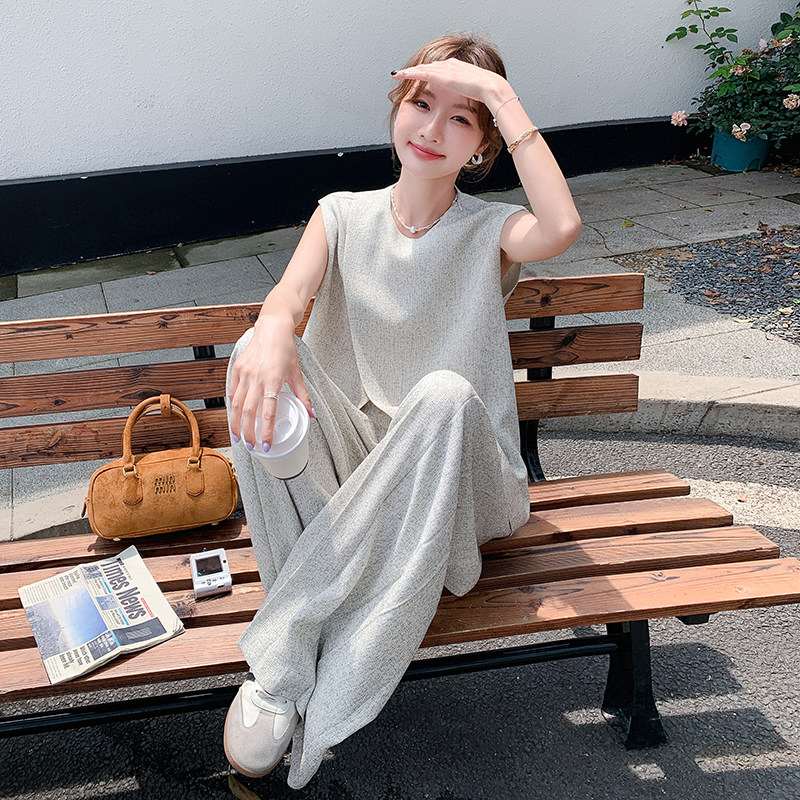 高级感老钱风穿搭无袖背心套装女夏新款时尚轻薄气质阔腿裤两件套,女装套装/套裙,2C168
