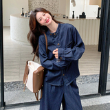 深蓝色甜酷设计感牛仔套装女2025年春季新款休闲上衣阔腿裤两件套，女装套装/套裙，2C168