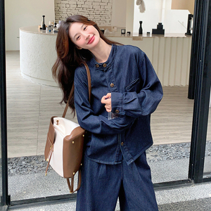深蓝色甜酷设计感牛仔套装女2025年春季新款休闲上衣阔腿裤两件套图片