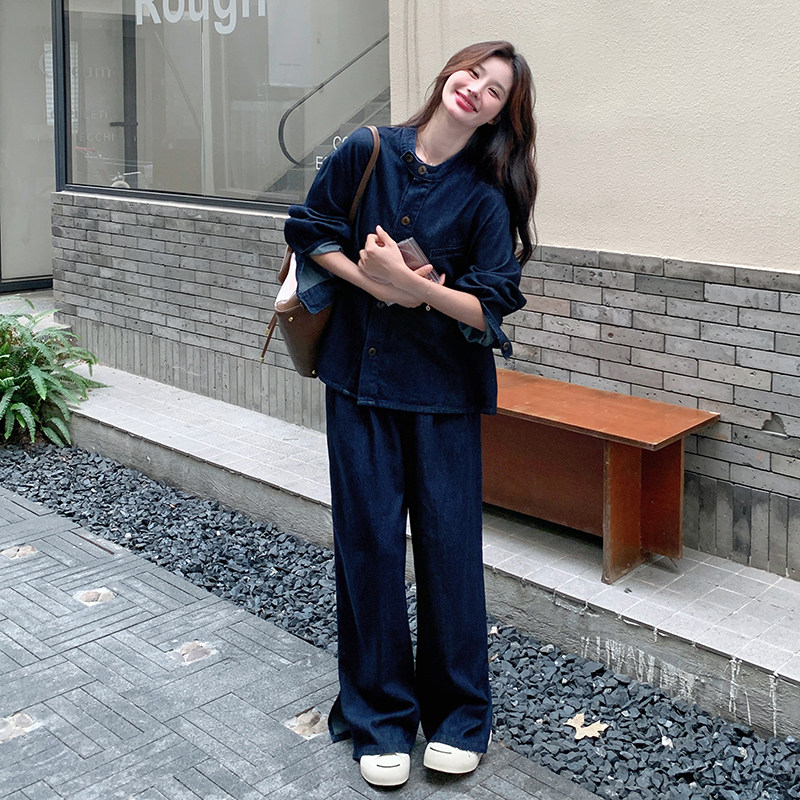 深蓝色甜酷设计感牛仔套装女2025年春季新款休闲上衣阔腿裤两件套,女装套装/套裙,2C168