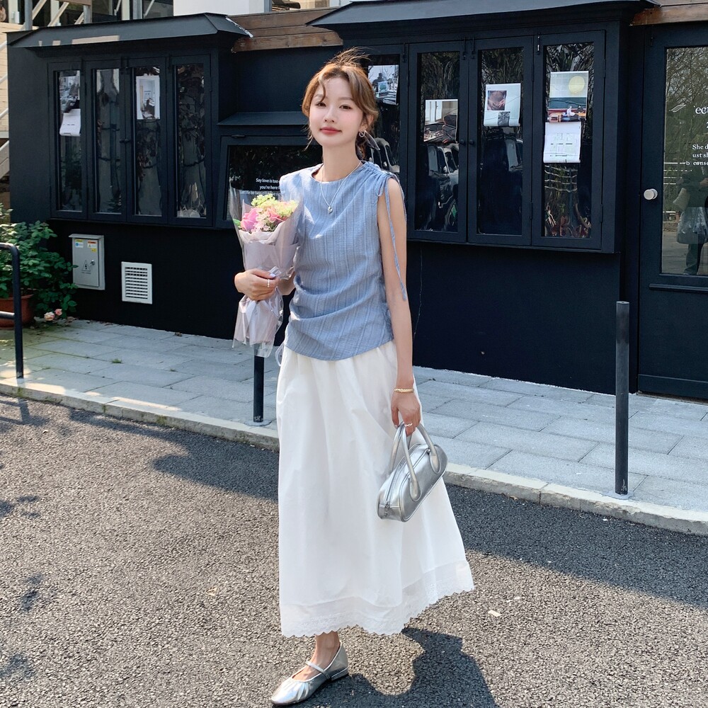 蓝色无袖上衣半身裙套装女2025年夏季新款韩版气质时尚简约两件套,女装套装/套裙,2C168