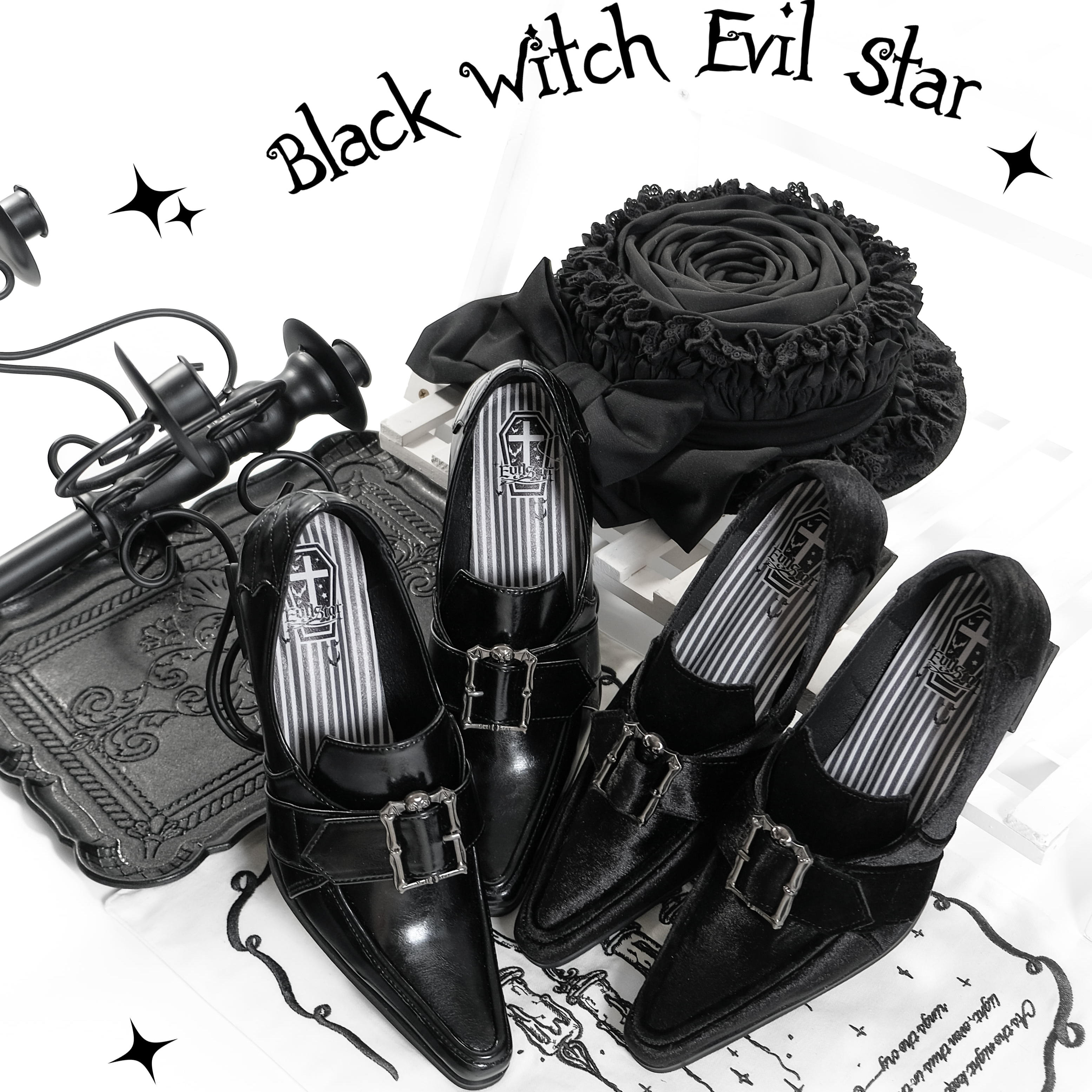 预约 黑女巫哥特黑麻麻丝绒尖方头酒杯跟中高跟Lolita复古玛丽珍