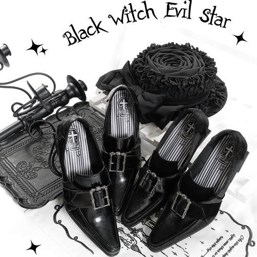 预约 黑女巫哥特黑麻麻丝绒尖方头酒杯跟中高跟Lolita复古玛丽珍